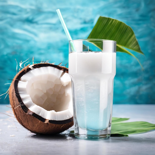 un verre d'eau de noix de coco à l'arrière-plan du studio propre