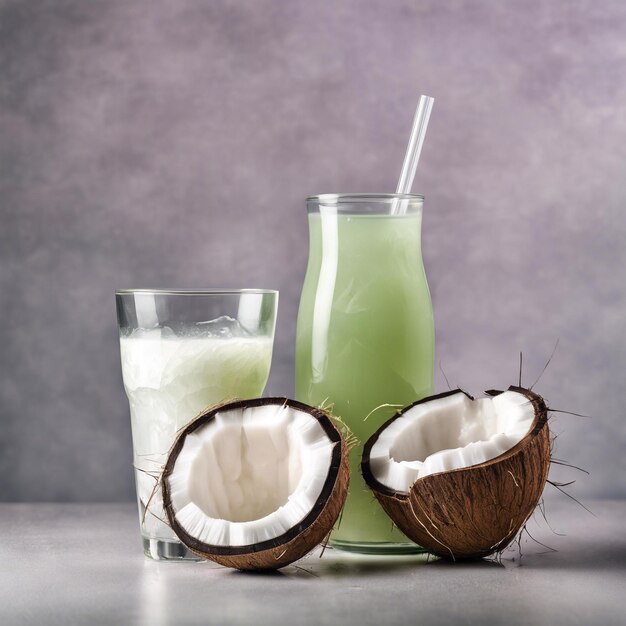 un verre d'eau de noix de coco à l'arrière-plan du studio propre