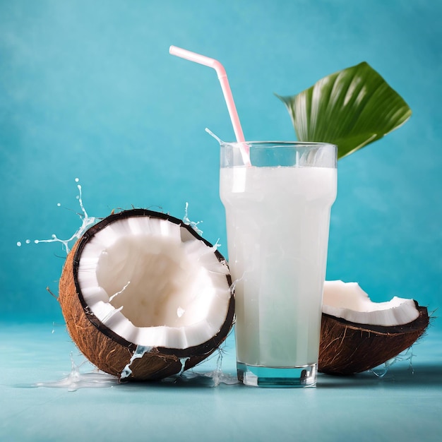 un verre d'eau de noix de coco à l'arrière-plan du studio propre