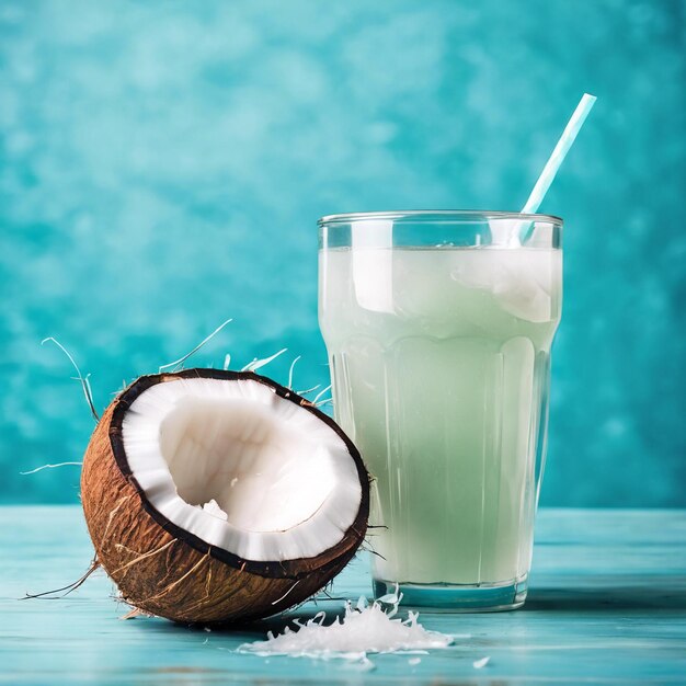 un verre d'eau de noix de coco à l'arrière-plan du studio propre