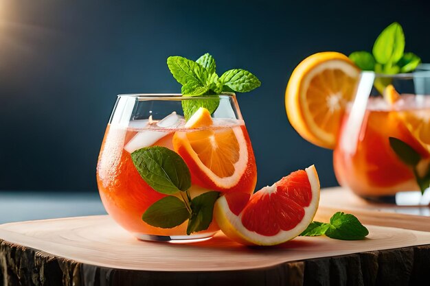 un verre d'eau avec des oranges et des feuilles de menthe