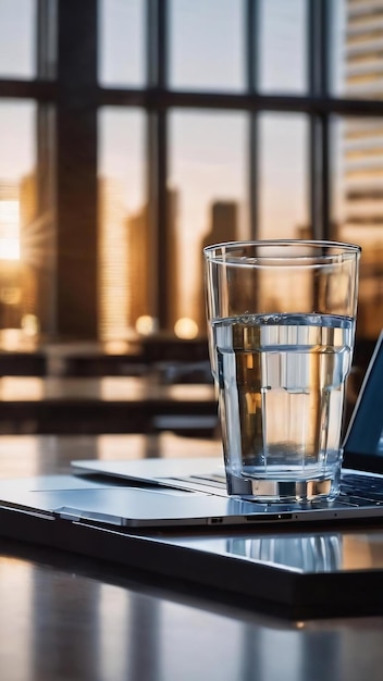 Un verre d'eau avec un ordinateur portable sur la table devant des hommes d'affaires en arrière-plan