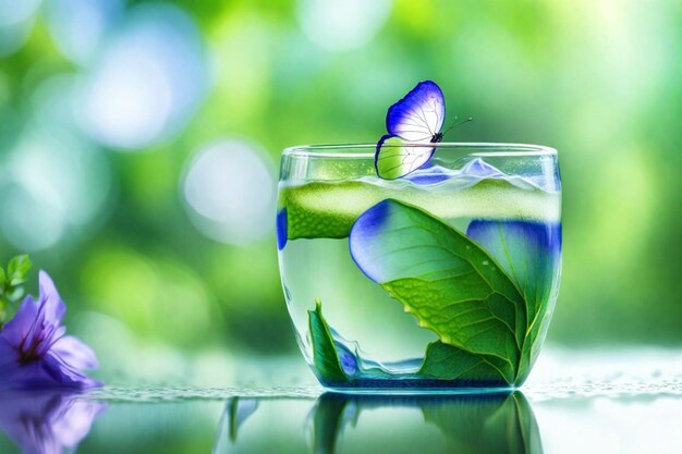 un verre d'eau avec un papillon dessus et une feuille verte