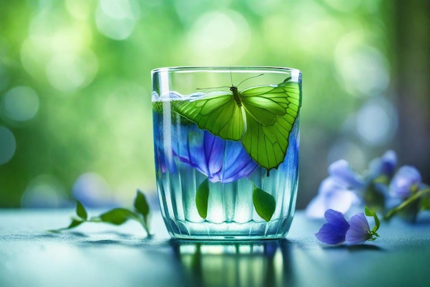 un verre d'eau avec un papillon dessus et des fleurs dedans