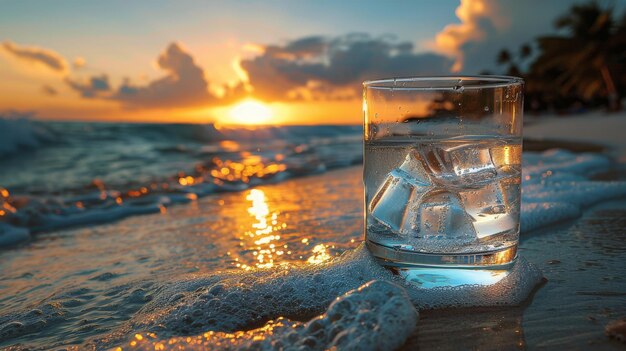 Un verre d'eau sur la plage de sable