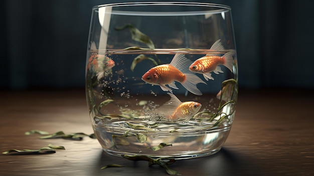 Un verre d'eau avec des poissons rouges dedans