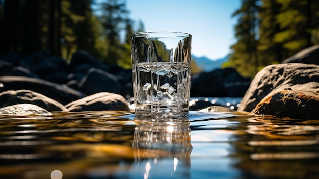 Un verre d'eau posé sur une pierre dans la rivière générative AI