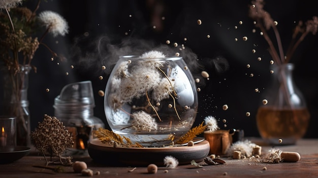 Un verre d'eau et quelques graines tombent du ciel.