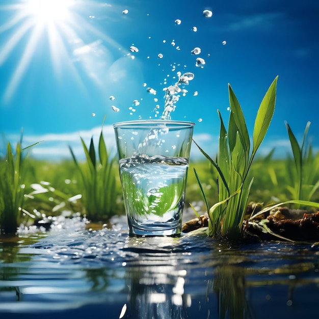 un verre d'eau qui a de l'eau dedans et le soleil brille