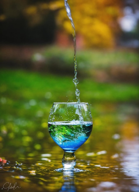 un verre avec de l'eau qui y coule et une feuille en arrière-plan