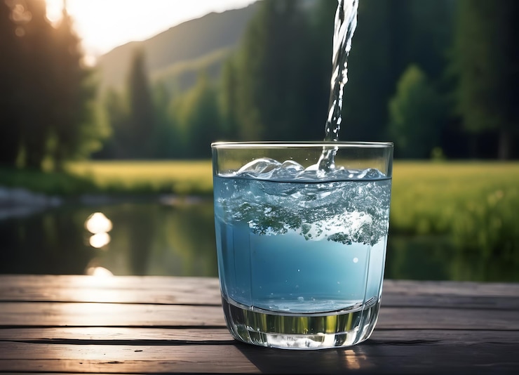 Photo un verre d'eau rafraîchissante sur le fond de la nature pure des montagnes et du lac