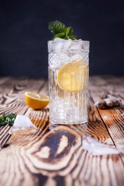 Verre d'eau de Seltz fraîche avec glace citron et menthe