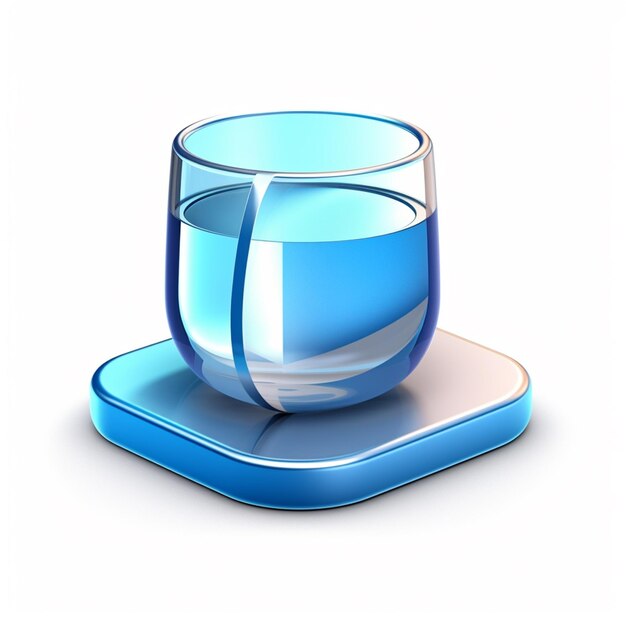 Un verre d'eau sur un sous-verre bleu et blanc avec une base bleue.
