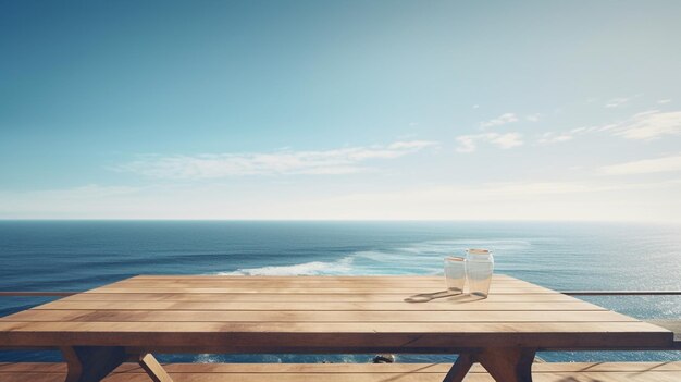 Un verre d'eau sur une table en bois avec vue sur l'océan