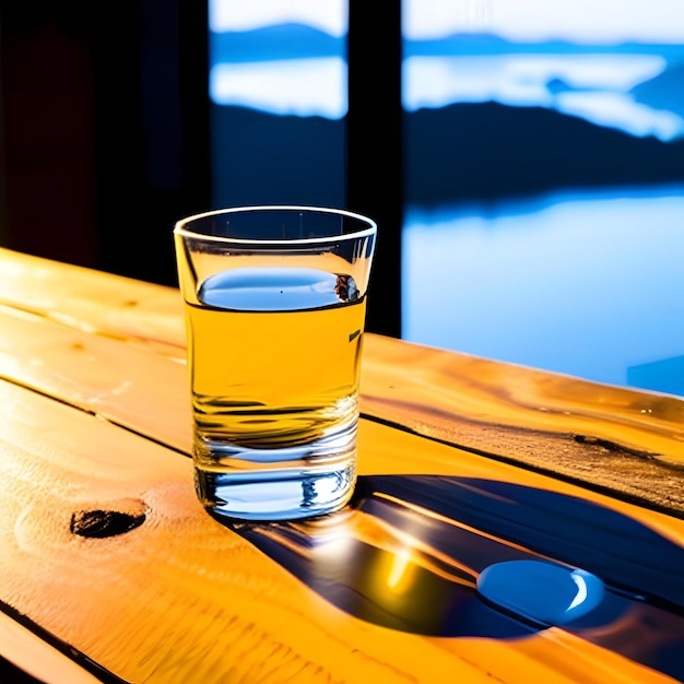 Un verre d&#39;eau sur une table en bois