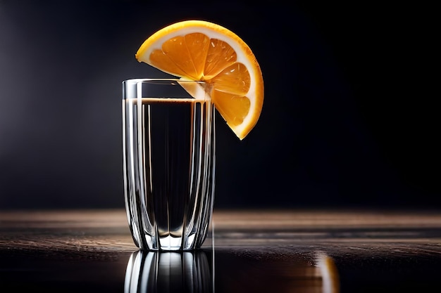 un verre d'eau avec une tranche de citron sur un fond noir