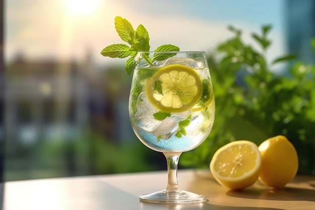 Un verre d'eau avec des tranches de citron et des feuilles de menthe image générative ai