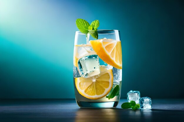 un verre d'eau avec des tranches de citron et des feuilles de menthe.