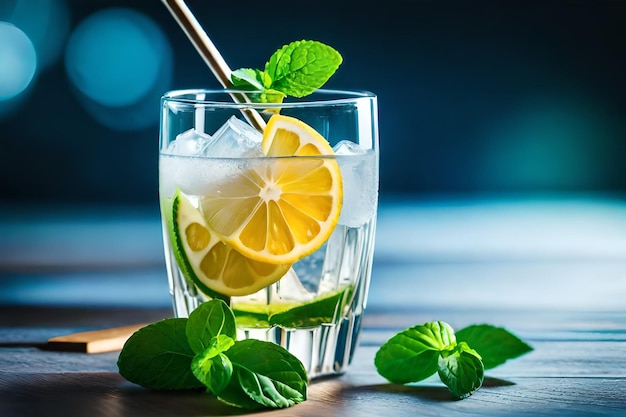 un verre d'eau avec des tranches de citron et des feuilles de menthe