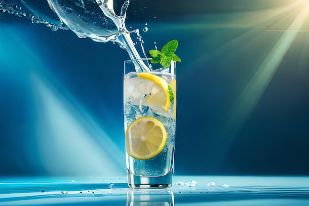 Un verre d'eau versé dans un verre avec une tranche de citron et des feuilles de menthe.