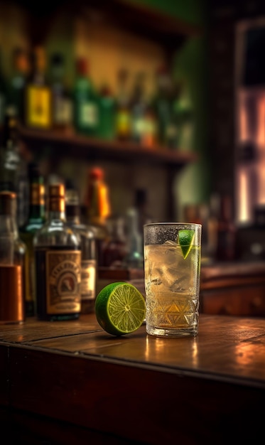 Verre embué avec de la glace de boisson et un morceau de citron vert Cocktail sur le stand du bar Beaucoup de bouteilles en arrière-plan flou AI générative