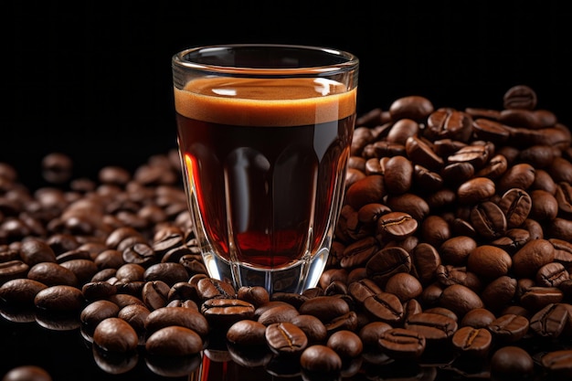 Photo un verre d'espresso est entouré de grains de café