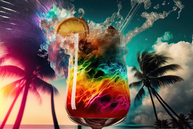 Verre explosif avec cocktail tropical coloré liquide