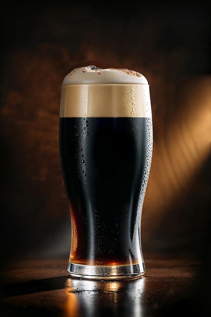 Un verre froid de bière foncée avec de la mousse et de la cannelle sur un fond sombre