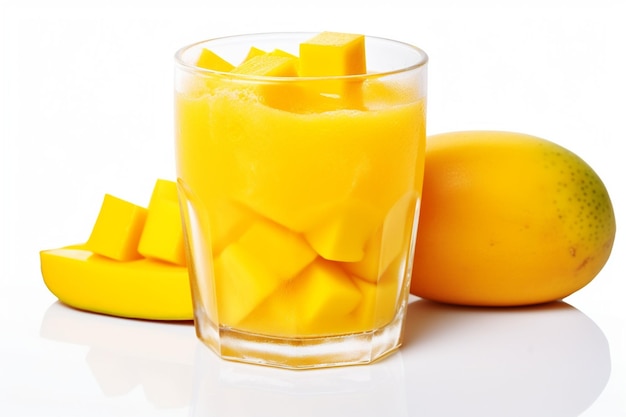 Photo un verre froid de jus de mangue avec de grandes gouttes de condensation sur un fond blanc