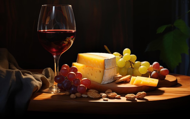 Verre de fromages et de raisins au vin rouge sur fond de bois marron