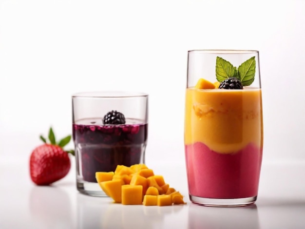 un verre de fruit à côté d'un verre de jus et d'une fraise