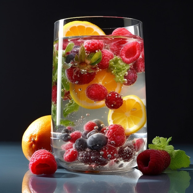 Un verre de fruits et d'eau avec un fond noir