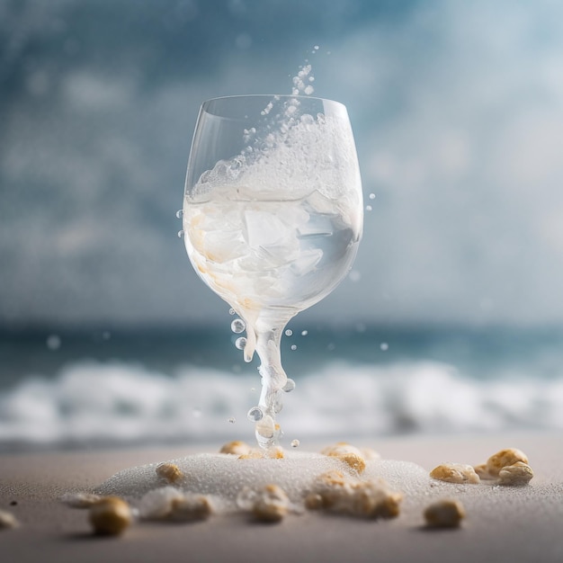 Un verre avec de la glace et du sable dessus et une plage en arrière-plan.