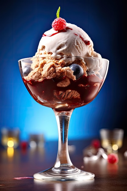 un verre avec de la glace et des fruits dedans