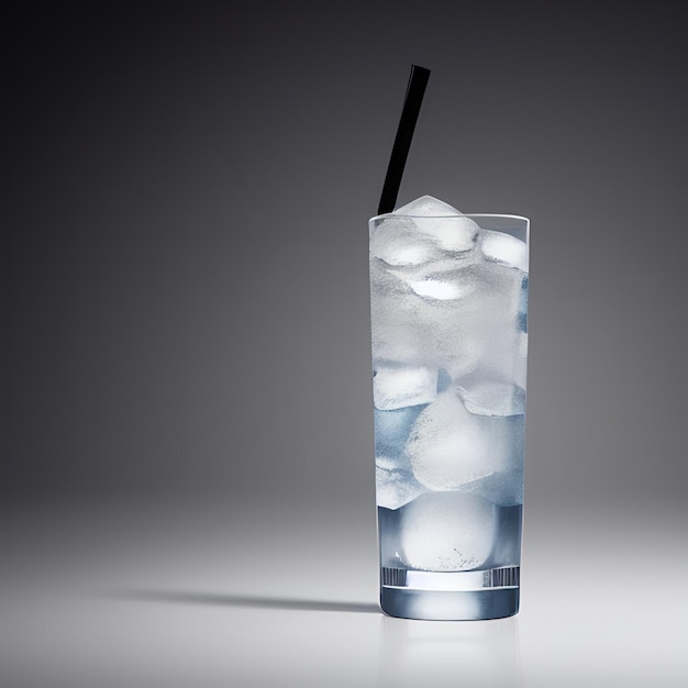 Un verre de glace et une paille se trouvent sur un fond gris.