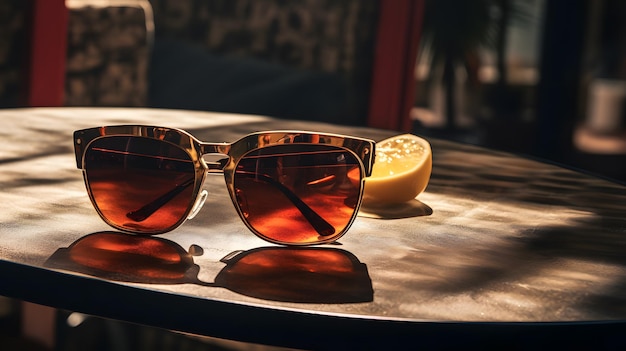 Un verre de glace et une paire de lunettes de soleil sur une table