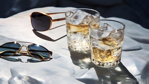 Un verre de glace et une paire de lunettes de soleil sur une table