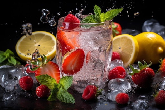 Un verre de glace et un peu de jus de citron et de framboise