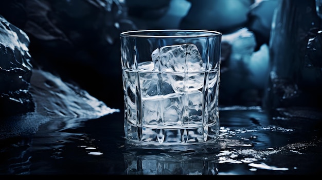 Un verre avec de la glace sur une surface d'eau