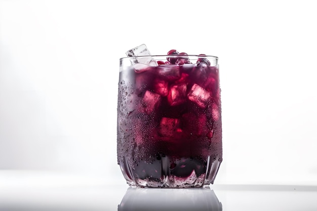 Un verre de glaçons avec une boisson violette à côté