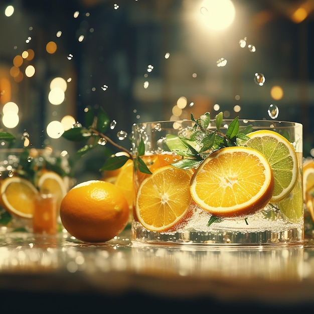 un verre de glaçons avec des oranges et des citrons verts sur une table.