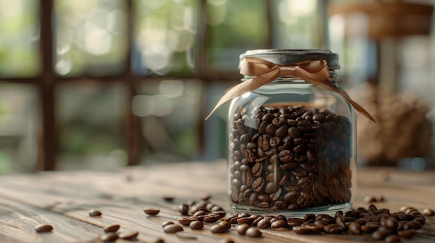 Un verre de grains de café avec un ruban attaché