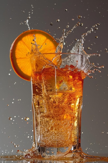 Un verre haut avec une tranche d'orange et des éclaboussures