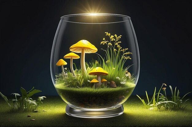 verre d'illustration 3D dans le côté avec champignon avec de l'herbe et de la lumière jaune