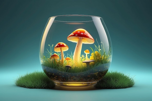 verre d'illustration 3D dans le côté avec champignon avec de l'herbe et de la lumière jaune