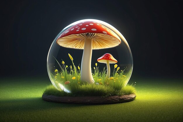 verre d'illustration 3D dans le côté avec champignon avec de l'herbe et de la lumière jaune