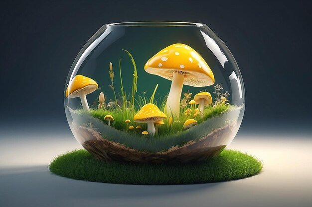 verre d'illustration 3D dans le côté avec champignon avec de l'herbe et de la lumière jaune