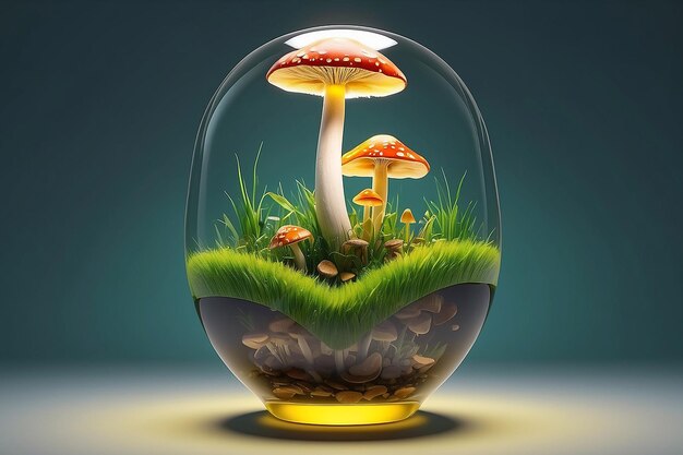 verre d'illustration 3D dans le côté avec champignon avec de l'herbe et de la lumière jaune