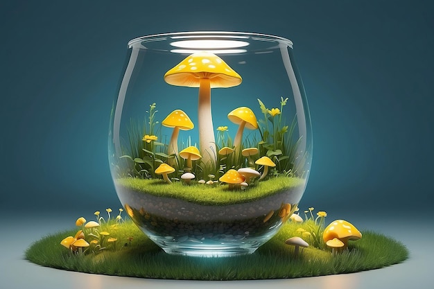 verre d'illustration 3D dans le côté avec champignon avec de l'herbe et de la lumière jaune