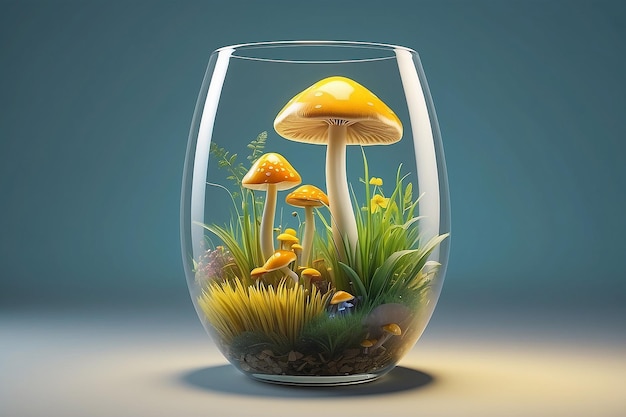 verre d'illustration 3D dans le côté avec champignon avec de l'herbe et de la lumière jaune